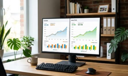 Split-screen dashboard showing RichAds and ClickAdu revenue graphs side-by-side on desktop monitor, clean office setting