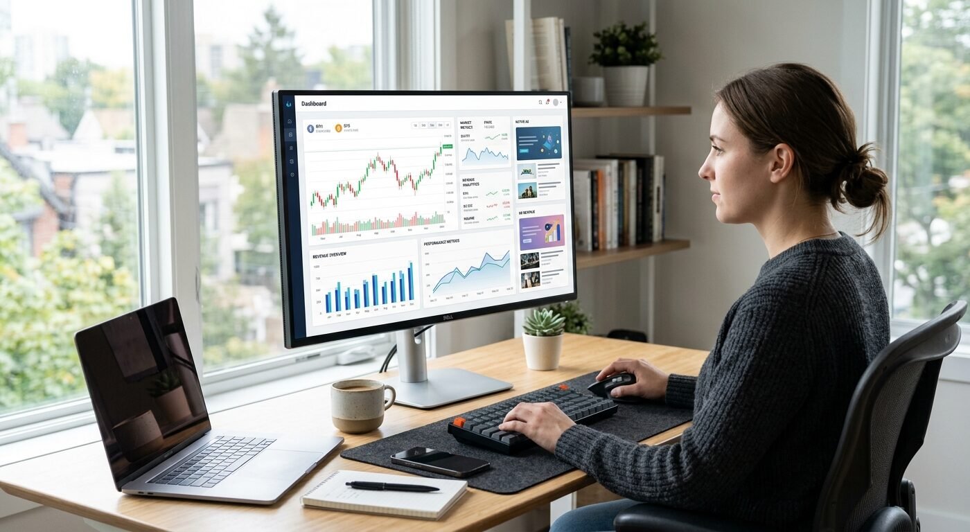 Modern cryptocurrency website dashboard displaying native ad widgets and revenue analytics, clean professional workspace