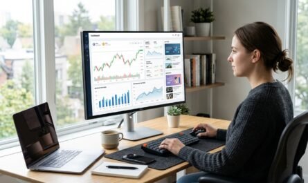 Modern cryptocurrency website dashboard displaying native ad widgets and revenue analytics, clean professional workspace