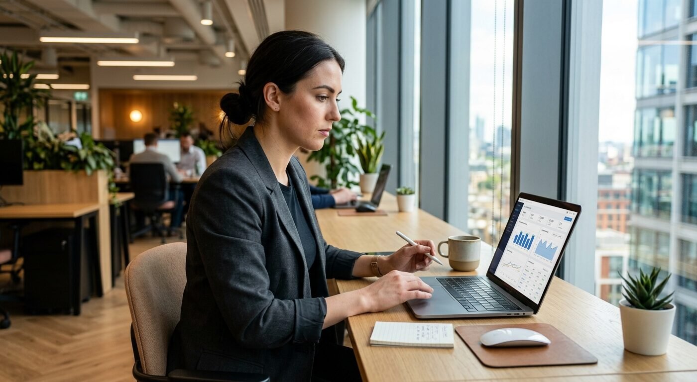 Media buyer reviewing campaign dashboard on laptop in modern office, natural window light, focused expression, clean pro