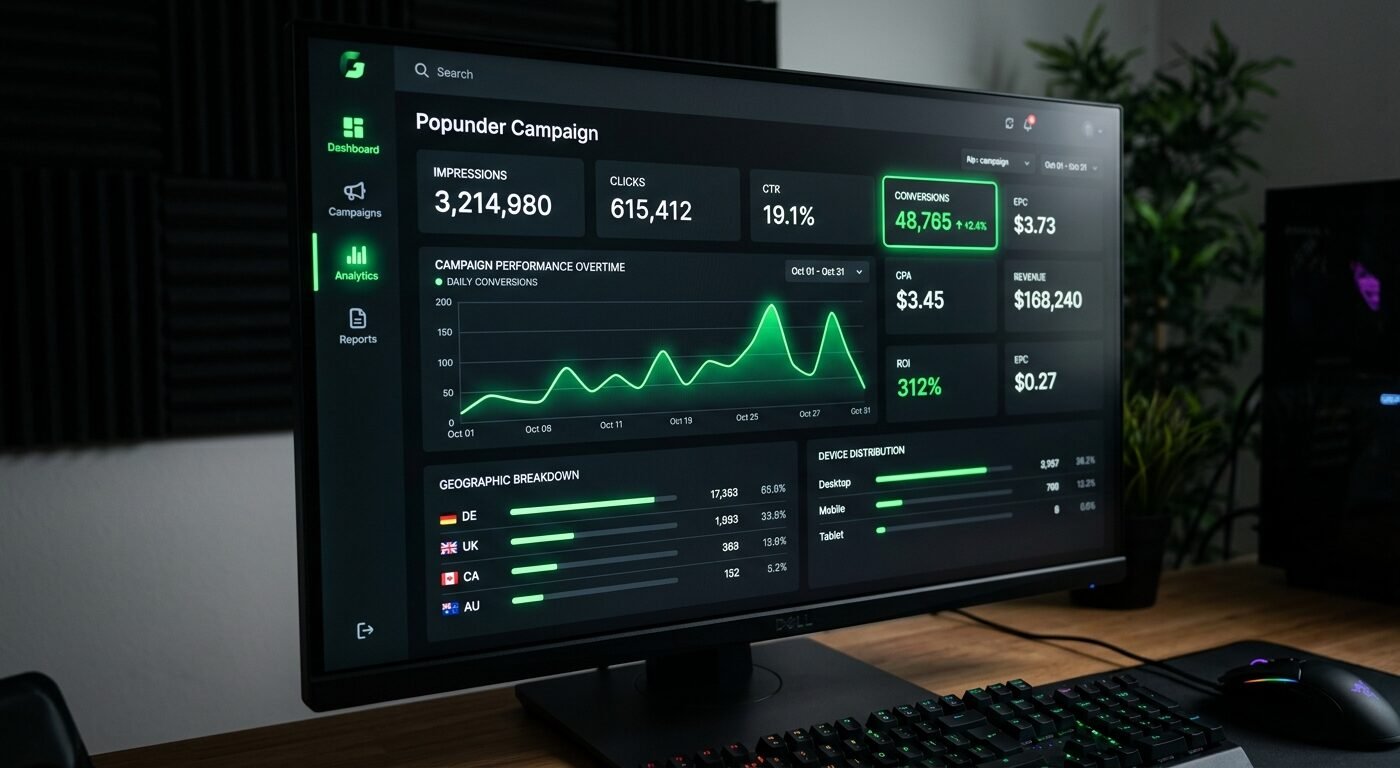 Gambling website dashboard showing popunder campaign metrics, dark UI, glowing green conversion data, realistic computer