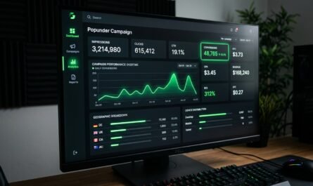 Gambling website dashboard showing popunder campaign metrics, dark UI, glowing green conversion data, realistic computer