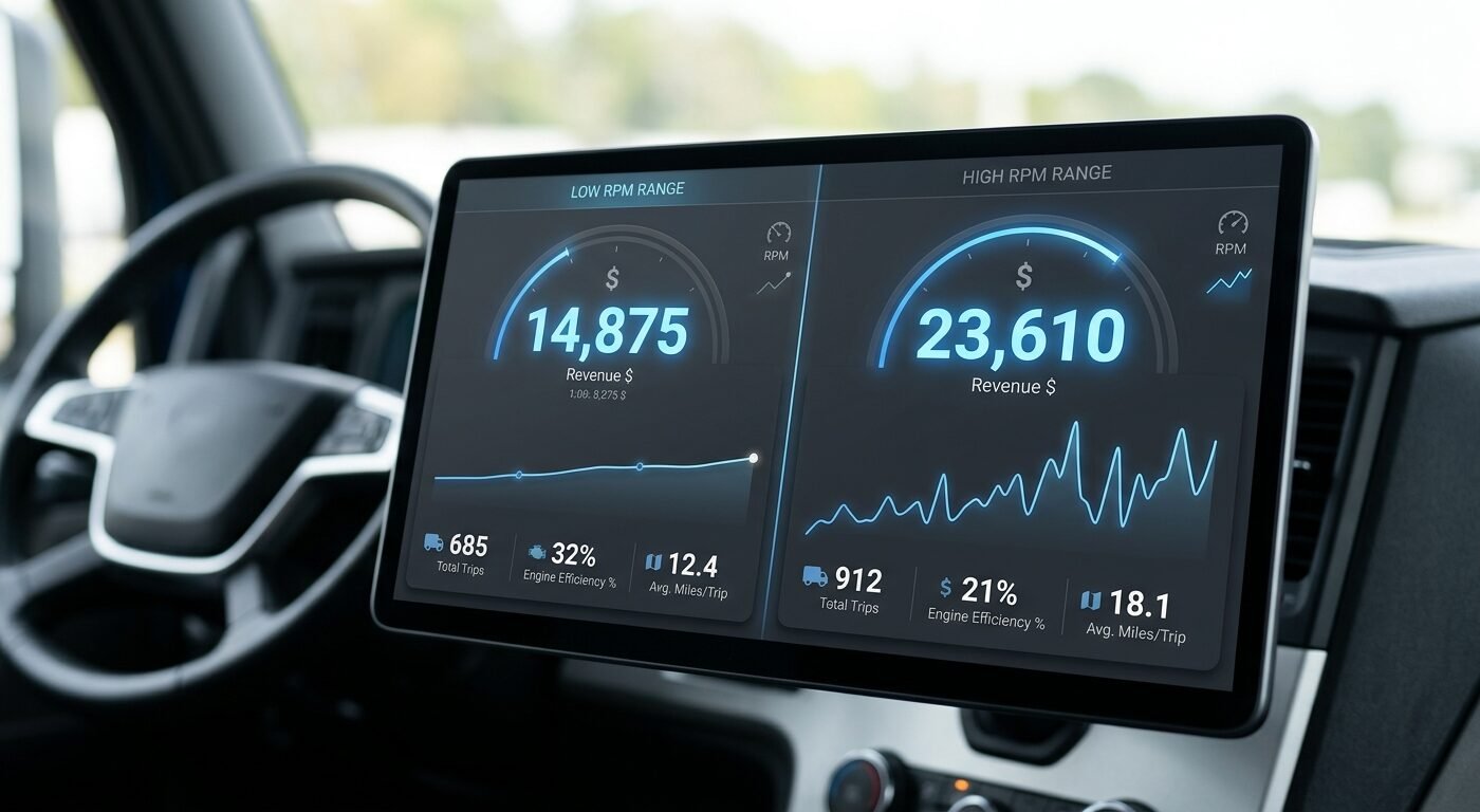 Split-screen dashboard showing low vs high RPM analytics, clean modern interface, soft blue accent lighting, sharp focus
