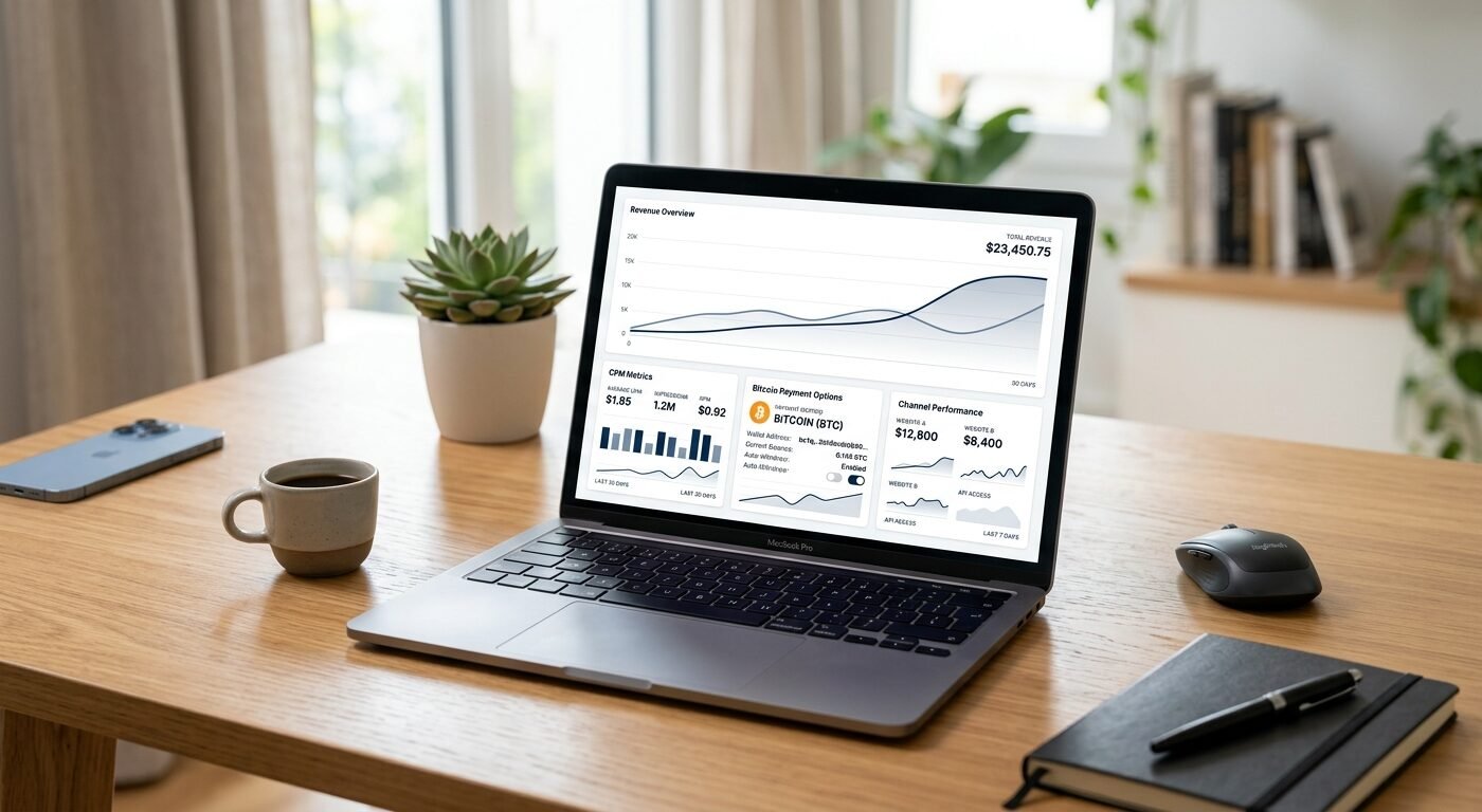 Crypto publisher dashboard showing CPM metrics, Bitcoin payment options, and revenue graphs on laptop screen, clean mode