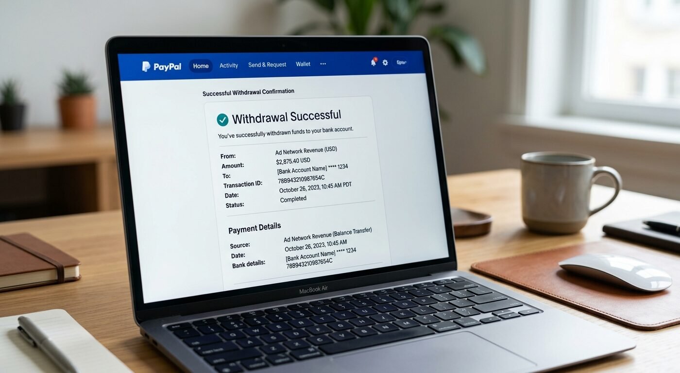 PayPal payment dashboard showing successful ad network withdrawal confirmation, clean interface with blue branding, natu