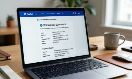 PayPal payment dashboard showing successful ad network withdrawal confirmation, clean interface with blue branding, natu