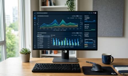 Desktop screen showing push notification dashboard with traffic analytics, professional lighting, clean workspace setup,