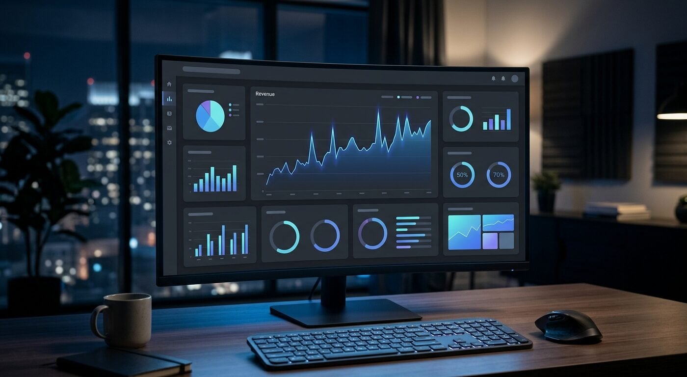 Modern streaming platform dashboard with revenue metrics, dark mode interface, soft blue screen glow, professional tech