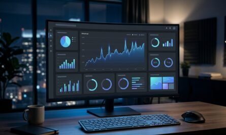 Modern streaming platform dashboard with revenue metrics, dark mode interface, soft blue screen glow, professional tech