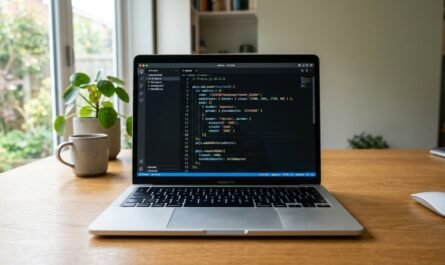 Wide-angle shot of a clean laptop screen showing Prebid.js configuration code in a code editor, natural window lighting,