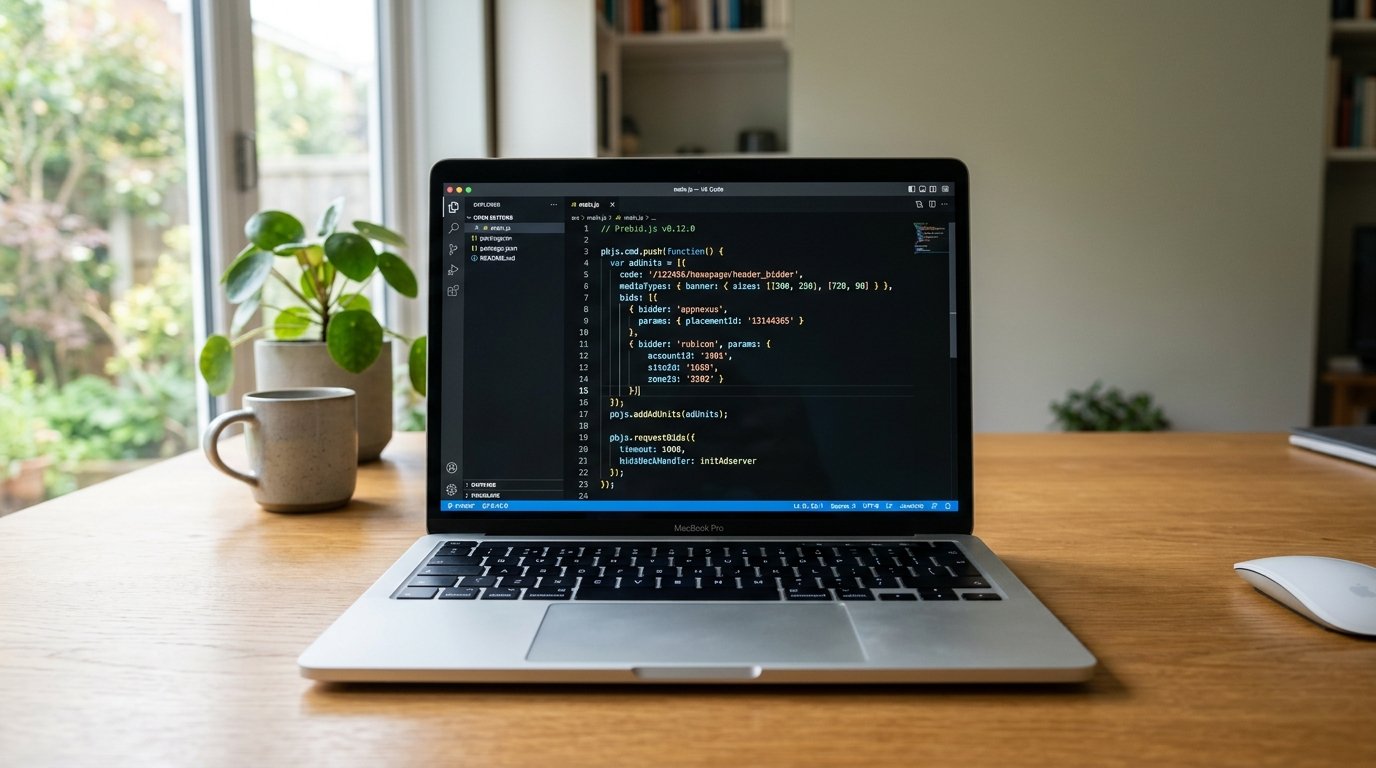 Wide-angle shot of a clean laptop screen showing Prebid.js configuration code in a code editor, natural window lighting,