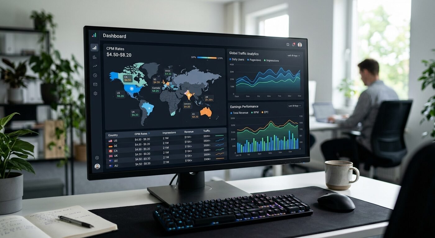 Dashboard screenshot showing CPM rates across different countries with traffic analytics and earnings data on screen, cl