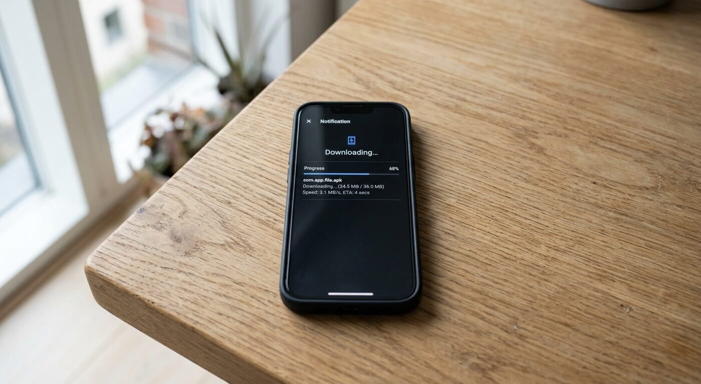 Modern smartphone displaying APK file download interface on wooden desk, natural window lighting, clean minimalist compo