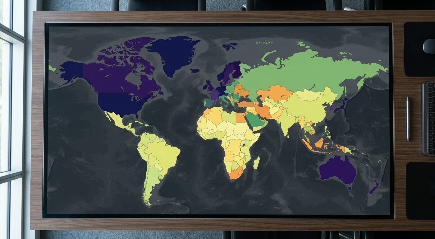 World map with highlighted regions showing varying CPM zones, clean data visualization style, professional business ligh