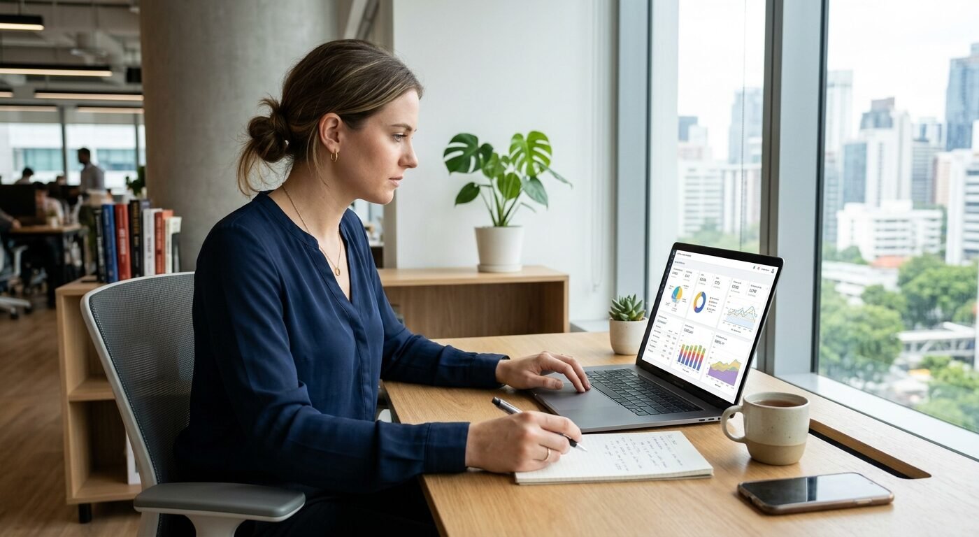 Modern publisher working at laptop, reviewing ad network dashboard, clean workspace with charts, natural window light, f