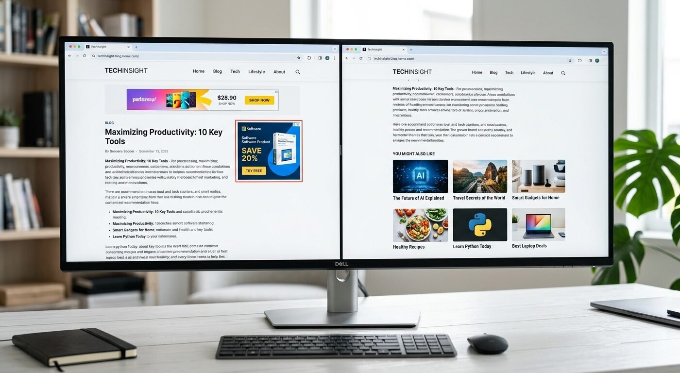 Split-screen comparison showing display banner ads on left and native content recommendation widget on right, clean mode
