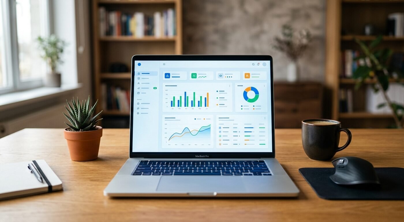 Modern dashboard interface on laptop screen, clean UI design, soft blue lighting, professional workspace setup, shallow