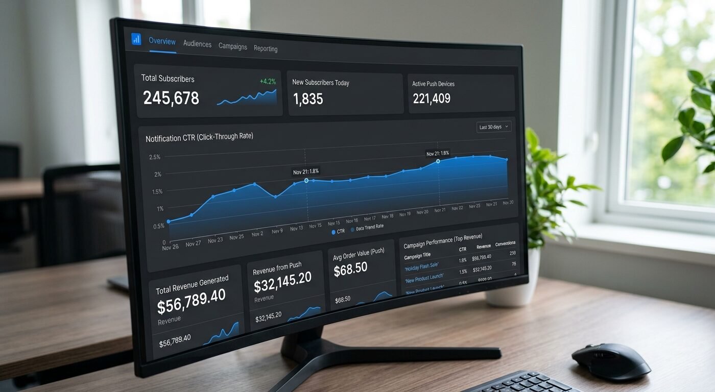 Dashboard view of push notification analytics showing subscriber count, CTR graph, and revenue metrics in clean modern U