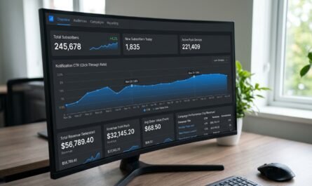 Dashboard view of push notification analytics showing subscriber count, CTR graph, and revenue metrics in clean modern U
