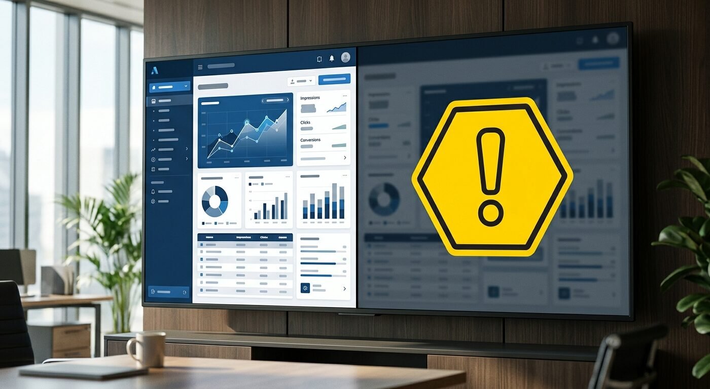 Split-screen comparison showing a professional-looking ad network dashboard on one side and a warning symbol overlay on