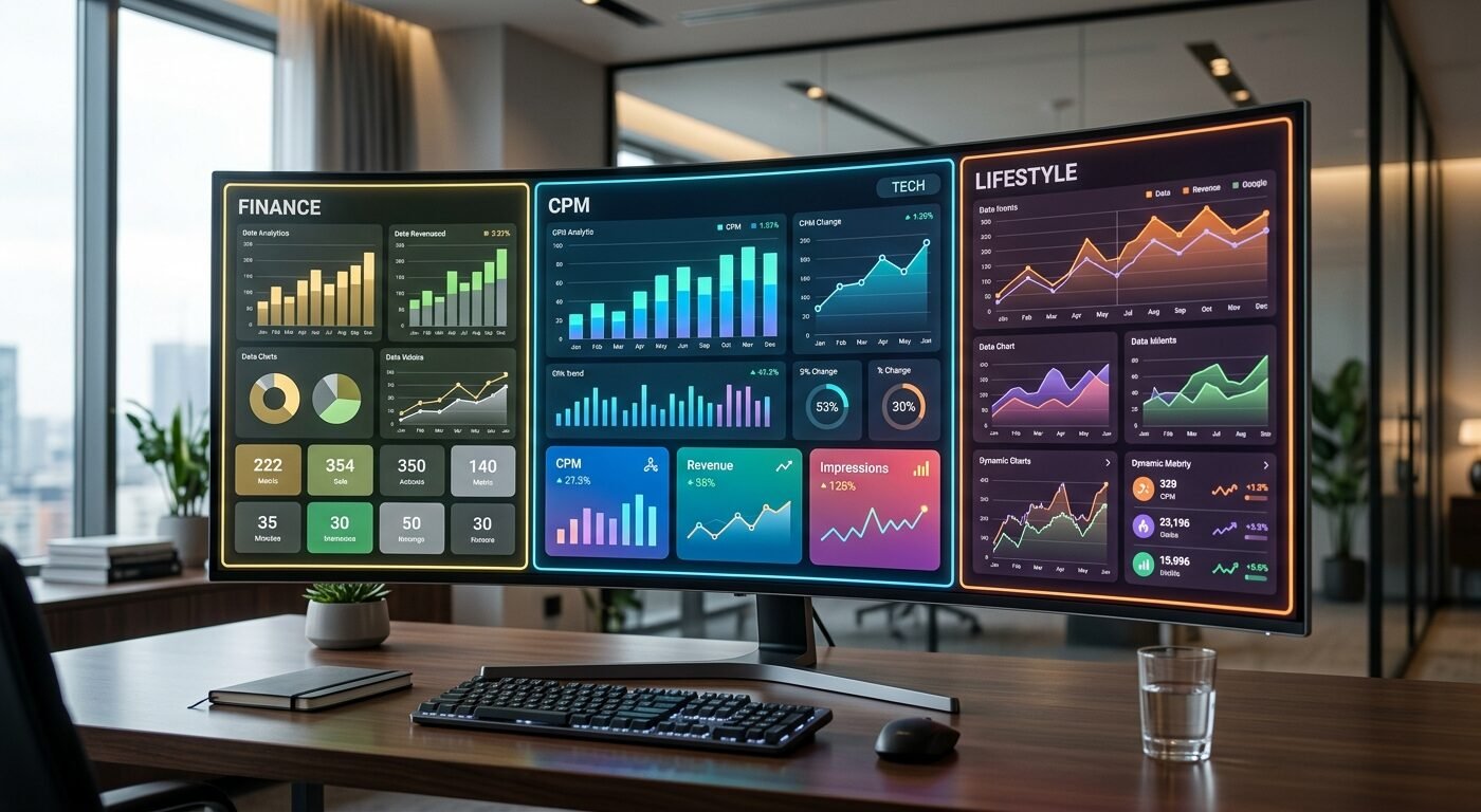 Split-screen dashboard showing CPM analytics for finance, tech, and lifestyle websites, clean modern interface, soft lig