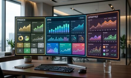 Split-screen dashboard showing CPM analytics for finance, tech, and lifestyle websites, clean modern interface, soft lig