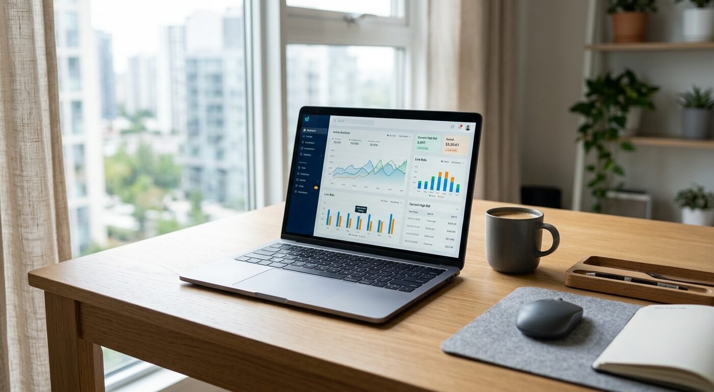 Modern office desk with laptop displaying real-time bidding dashboard, clean minimalist setup, soft natural window light