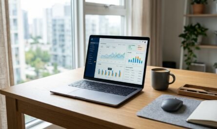 Modern office desk with laptop displaying real-time bidding dashboard, clean minimalist setup, soft natural window light
