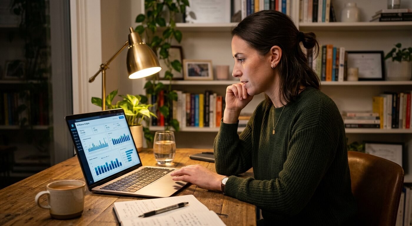 Finance blogger analyzing ad revenue dashboard on laptop, warm desk lamp lighting, focused professional atmosphere, shal