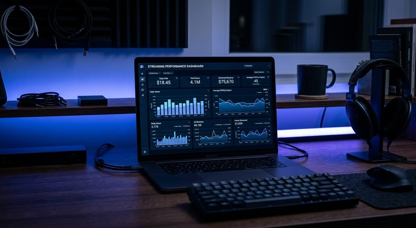 Dark laptop screen showing streaming site dashboard with CPM metrics, modern desk setup, moody blue lighting, shallow de