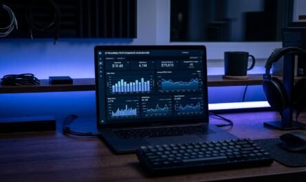 Dark laptop screen showing streaming site dashboard with CPM metrics, modern desk setup, moody blue lighting, shallow de