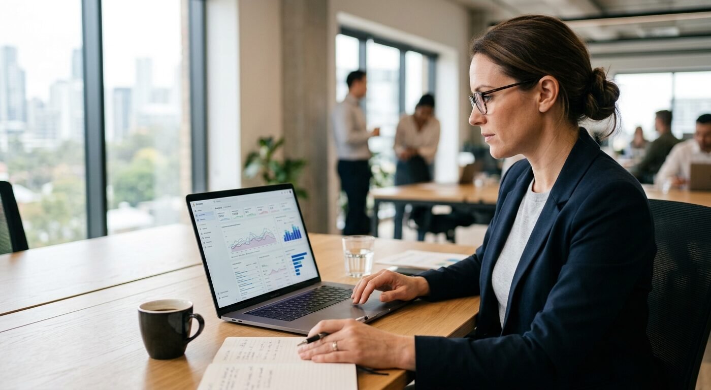 Publisher reviewing analytics dashboard on laptop screen, natural office lighting, clean workspace, focused professional