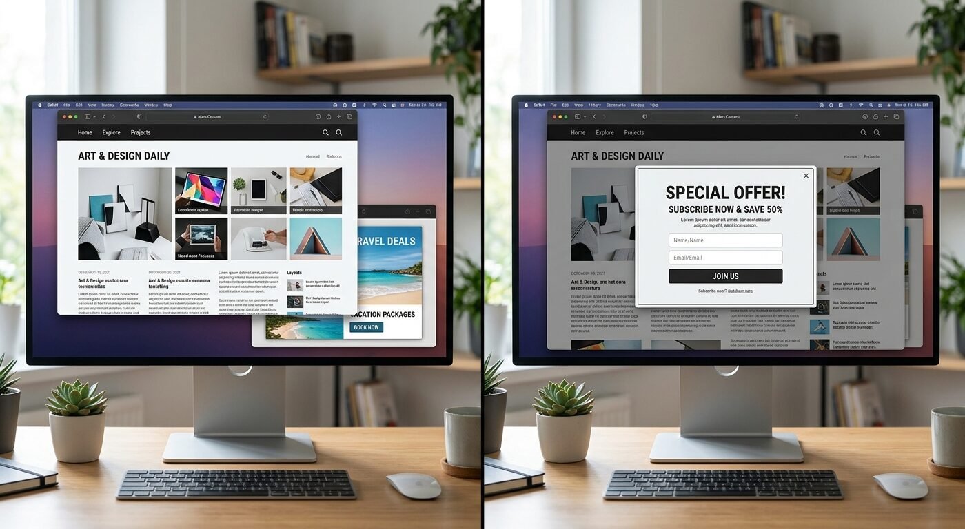 Split-screen comparison showing desktop browser with popunder window behind main content and pop-up overlay, clean moder