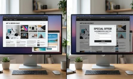 Split-screen comparison showing desktop browser with popunder window behind main content and pop-up overlay, clean moder