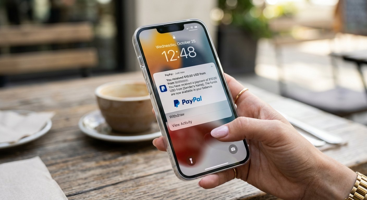 PayPal withdrawal notification on mobile screen, $10 payment received, natural hand holding phone, bright daylight, cred