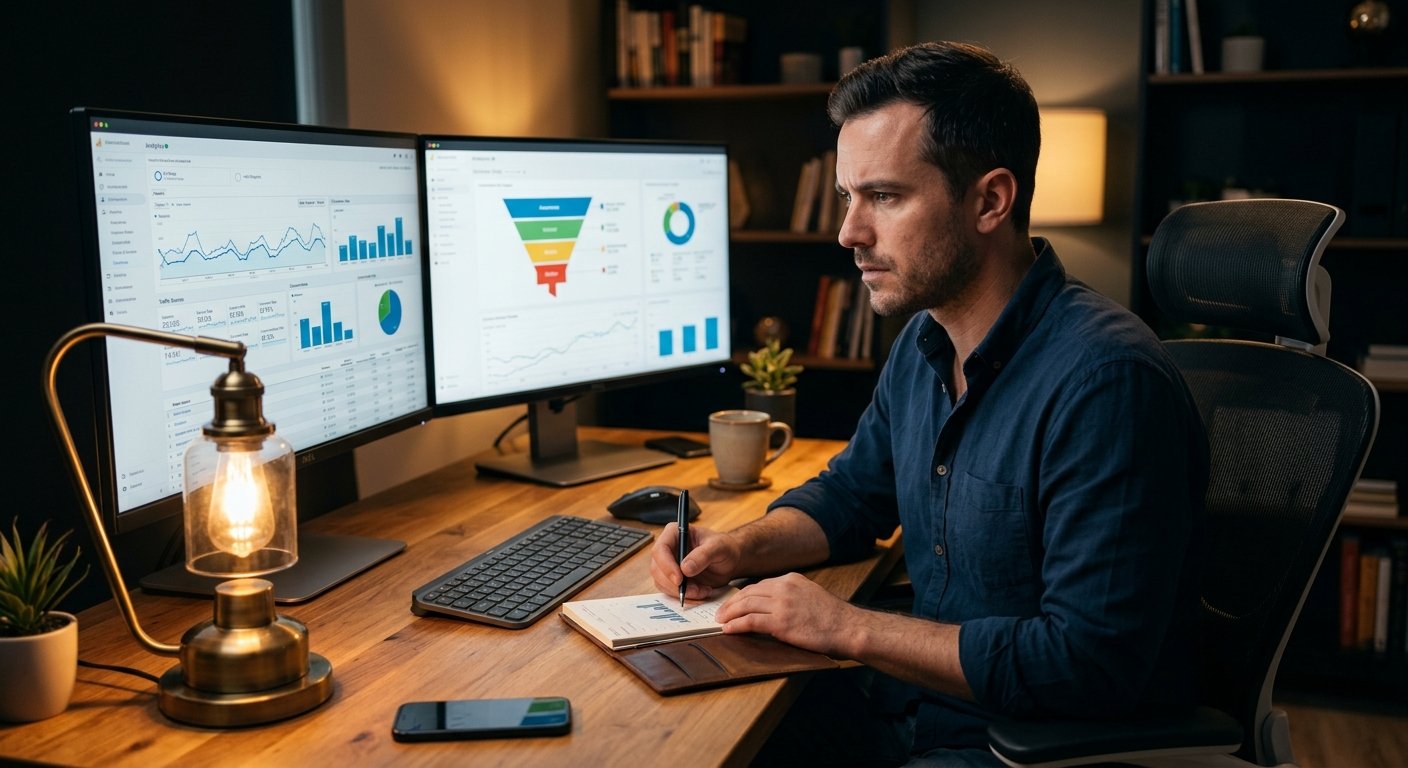 Affiliate marketer analyzing traffic data on dual monitors, focused expression, warm desk lamp lighting, charts and conv