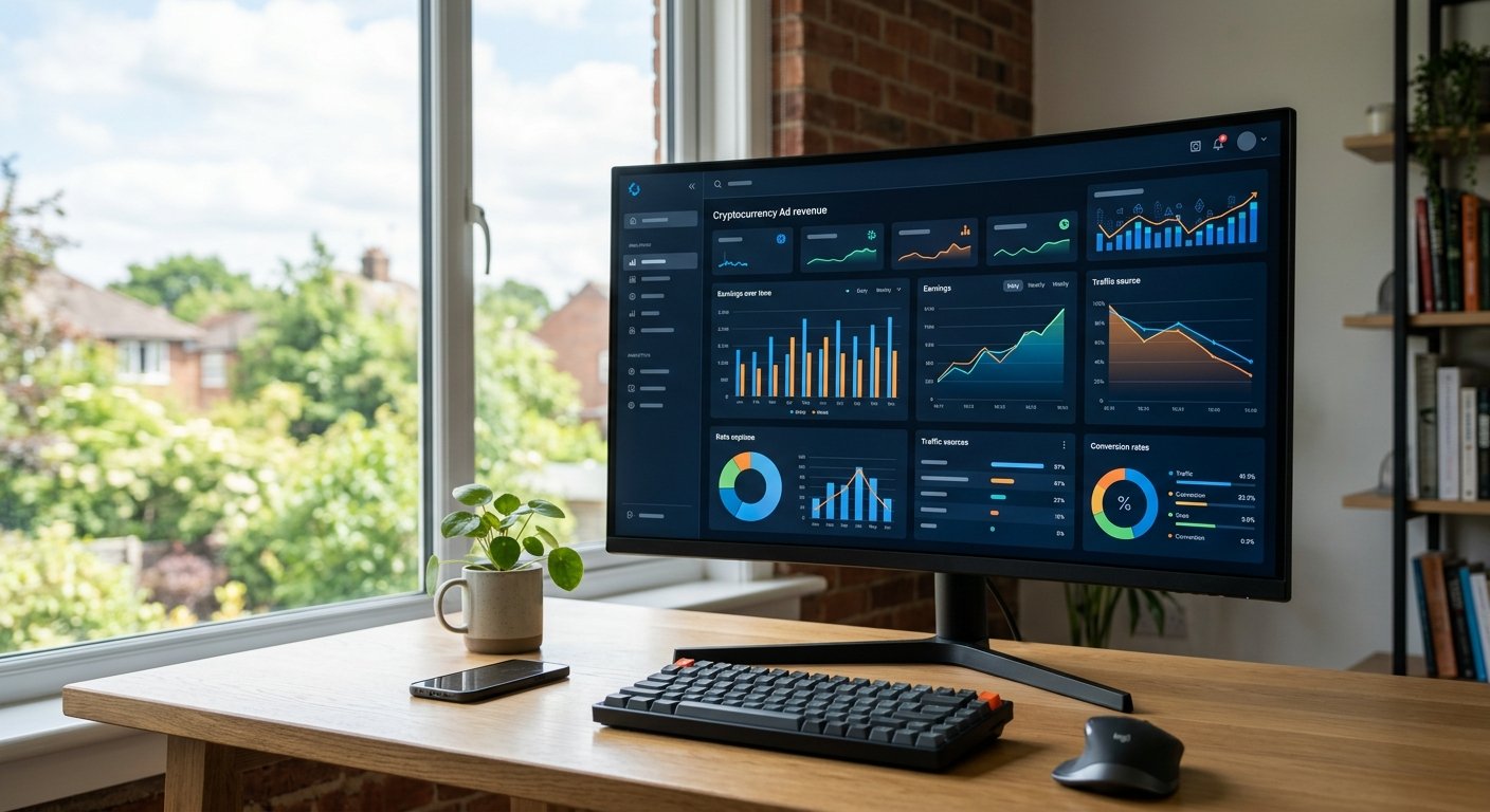 Cryptocurrency dashboard showing ad revenue analytics, clean UI design, modern monitor display, bright natural window li