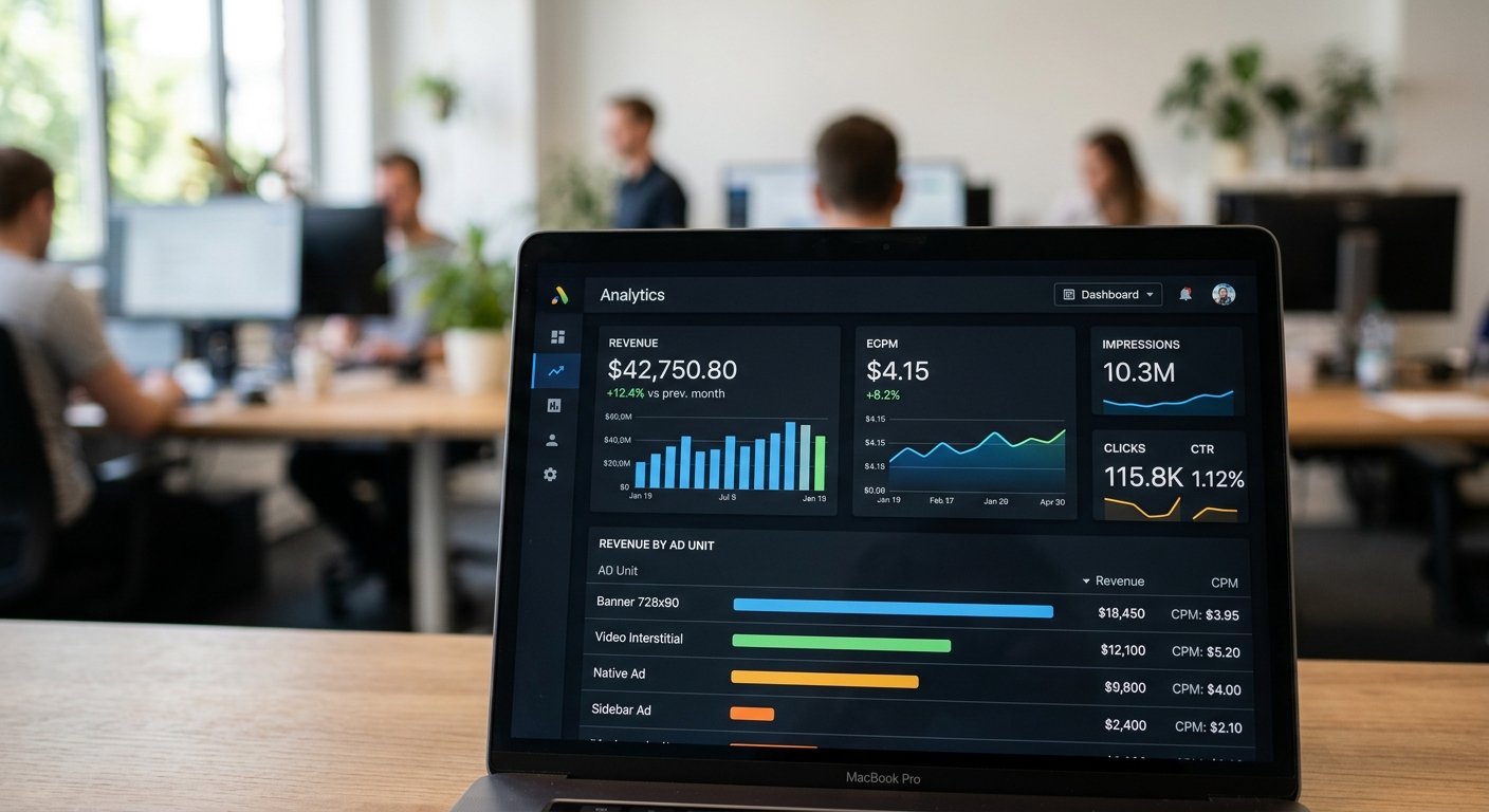 Close-up of revenue metrics and CPM rates on computer screen, soft focus background, professional photography, realistic