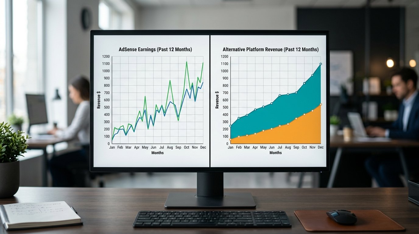 Split-screen comparison of AdSense earnings graph versus alternative platform revenue chart, clean data visualization, p