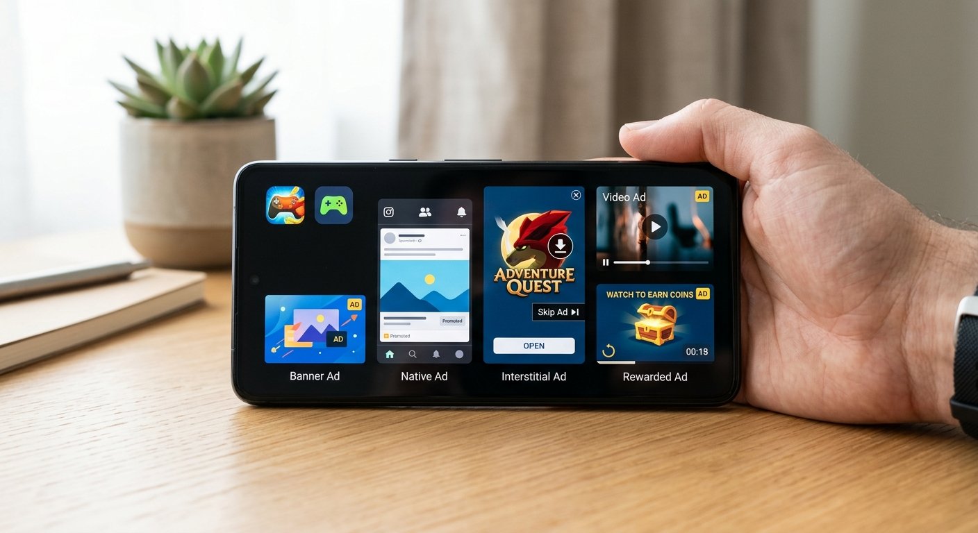 Smartphone displaying various in-app ad formats side by side, bright studio lighting, clean product photography style