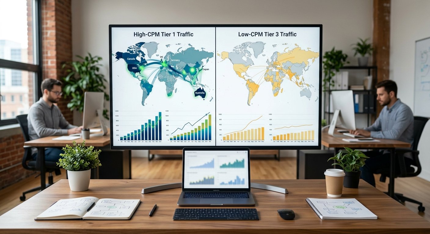 Split-screen comparison of high-CPM Tier 1 traffic versus low-CPM Tier 3 traffic on world map, clean data visualization,