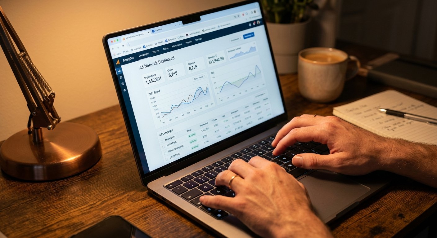 Close-up of hands typing on laptop with multiple browser tabs open showing ad network dashboards, warm desk lamp lightin