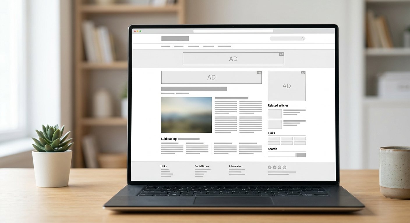 Clean website layout with ad placements marked, professional content structure, organized information hierarchy, bright