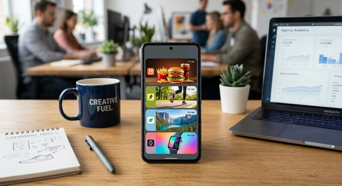 Smartphone displaying multiple push notification previews with ad creatives, soft overhead lighting, marketing agency de