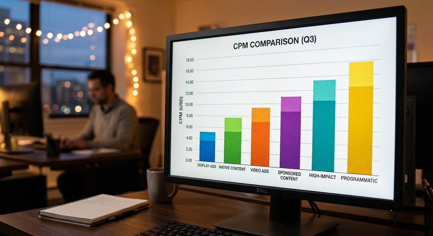 Close-up of CPM comparison chart on screen with ascending bar graph, warm office lighting, professional publisher enviro