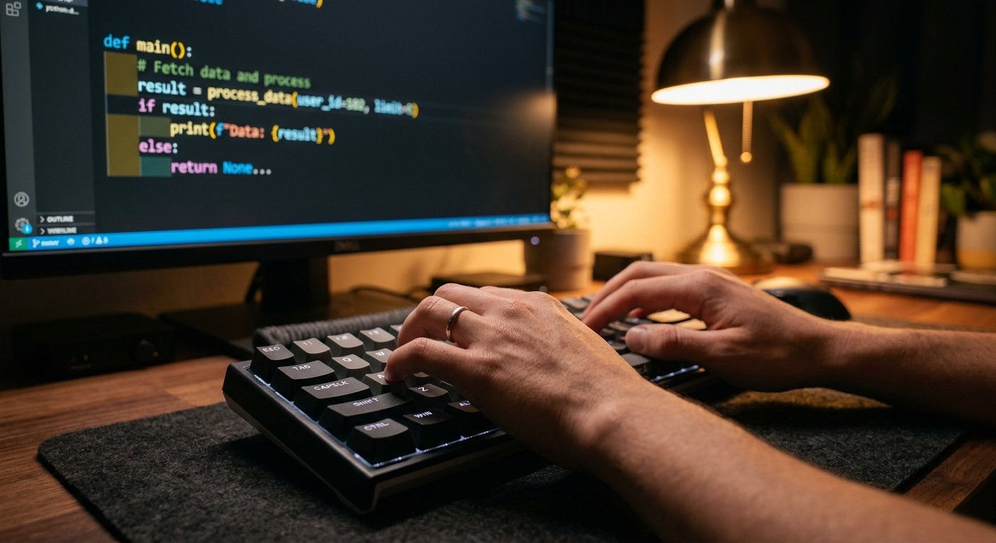 Close-up of hands typing on mechanical keyboard with code on screen, warm desk lamp lighting, shallow depth of field, co