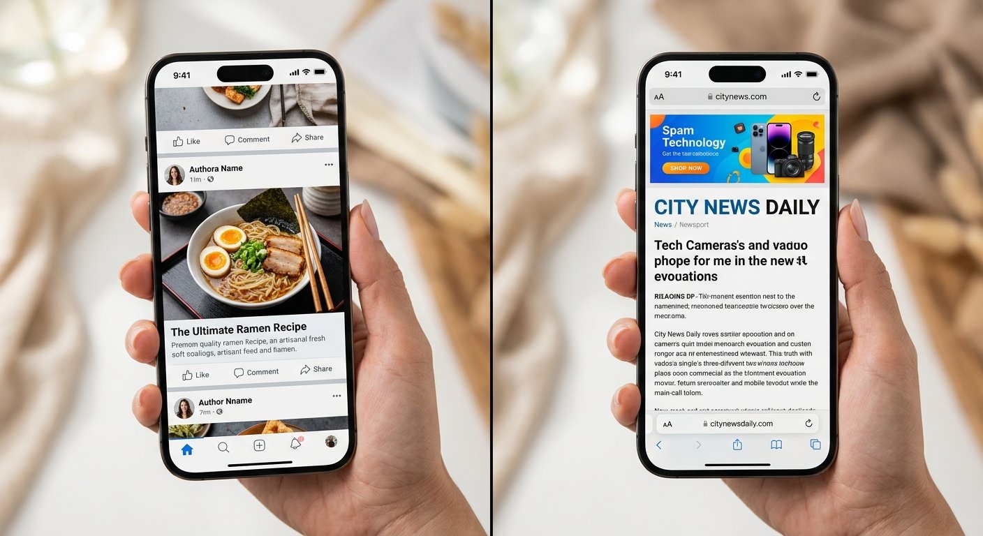 Split-screen comparison showing native in-feed ad versus traditional banner ad on mobile device, bright studio lighting,