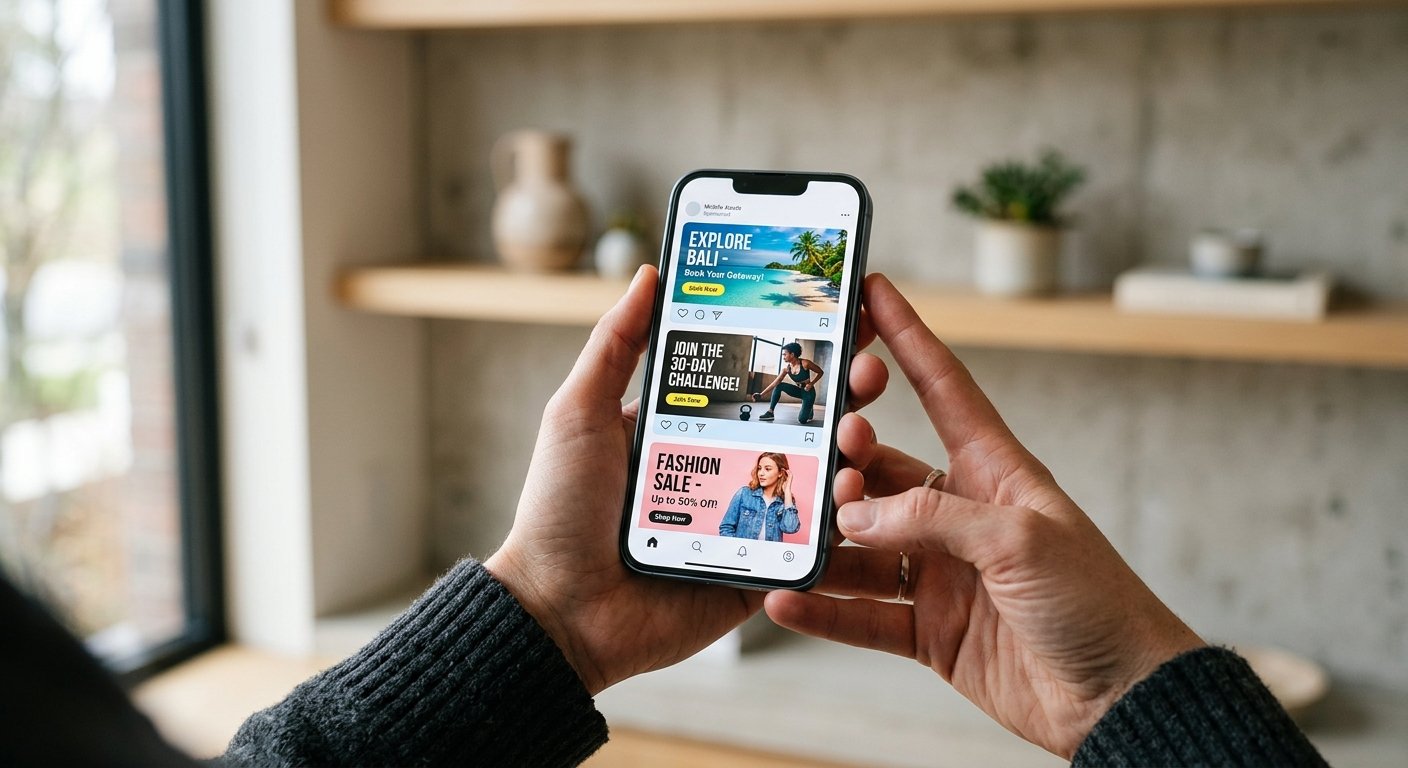 Close-up of hands holding smartphone with mobile ad examples, soft indoor lighting, modern minimalist background, sharp