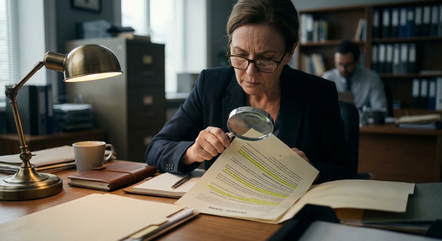 Person reviewing payment terms document with magnifying glass at desk, highlighted suspicious clauses visible, overhead