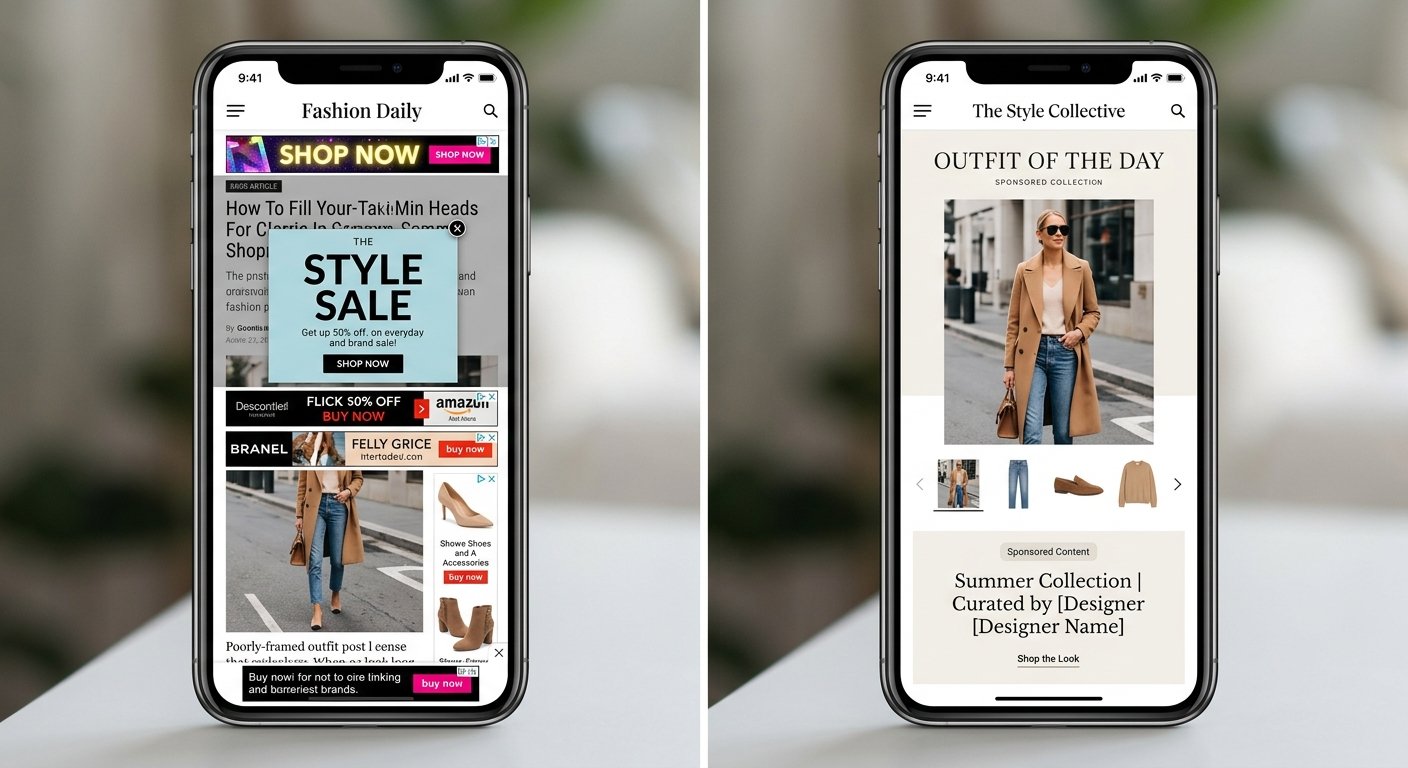 Split-screen comparison showing cluttered ad layout versus clean premium ad integration on fashion blog mobile view, mod